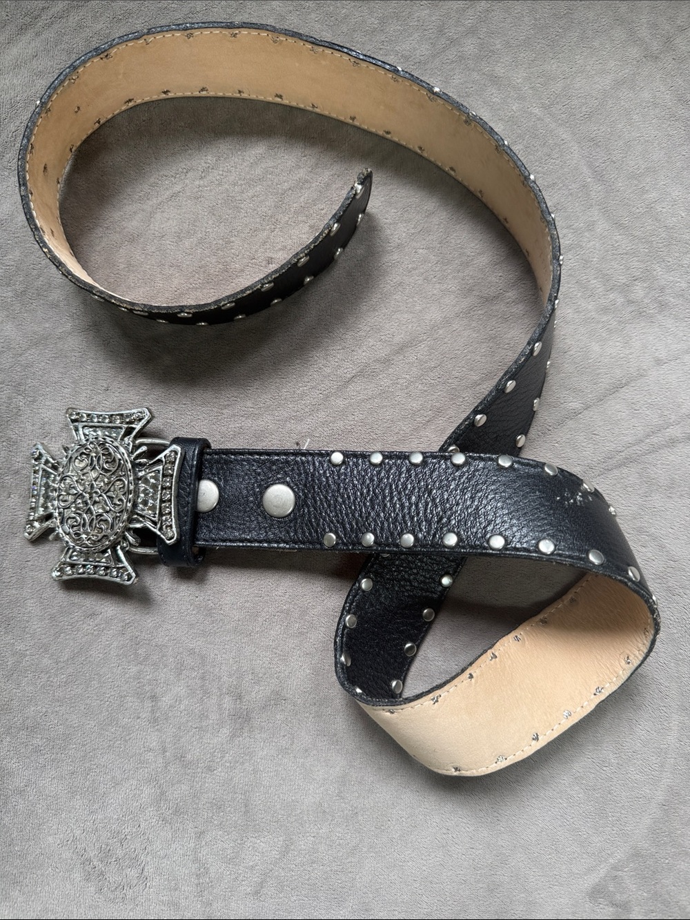 Black Studded Leather Belt with Decorative Silver Buckle & rhinestones